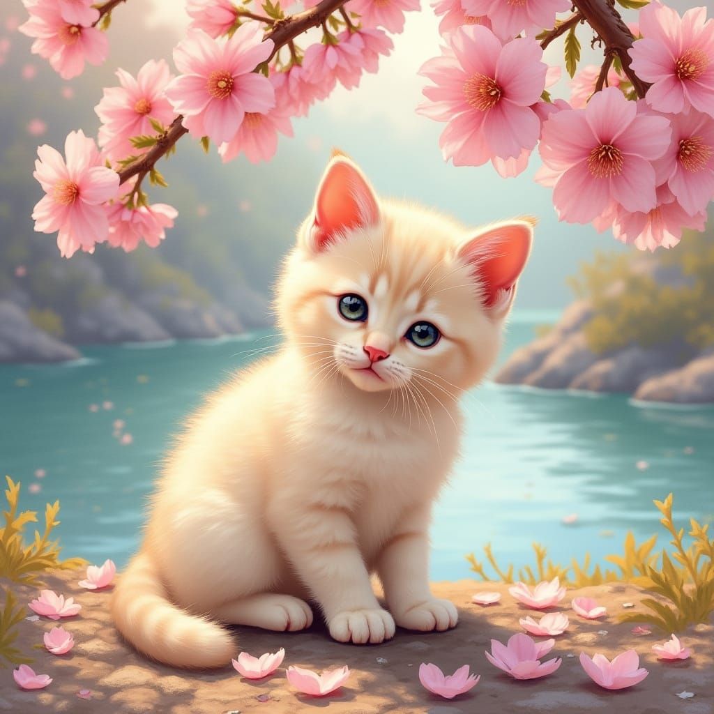 Whimsical Kitten Amidst Cherry Blossoms in Impressionist Sty...