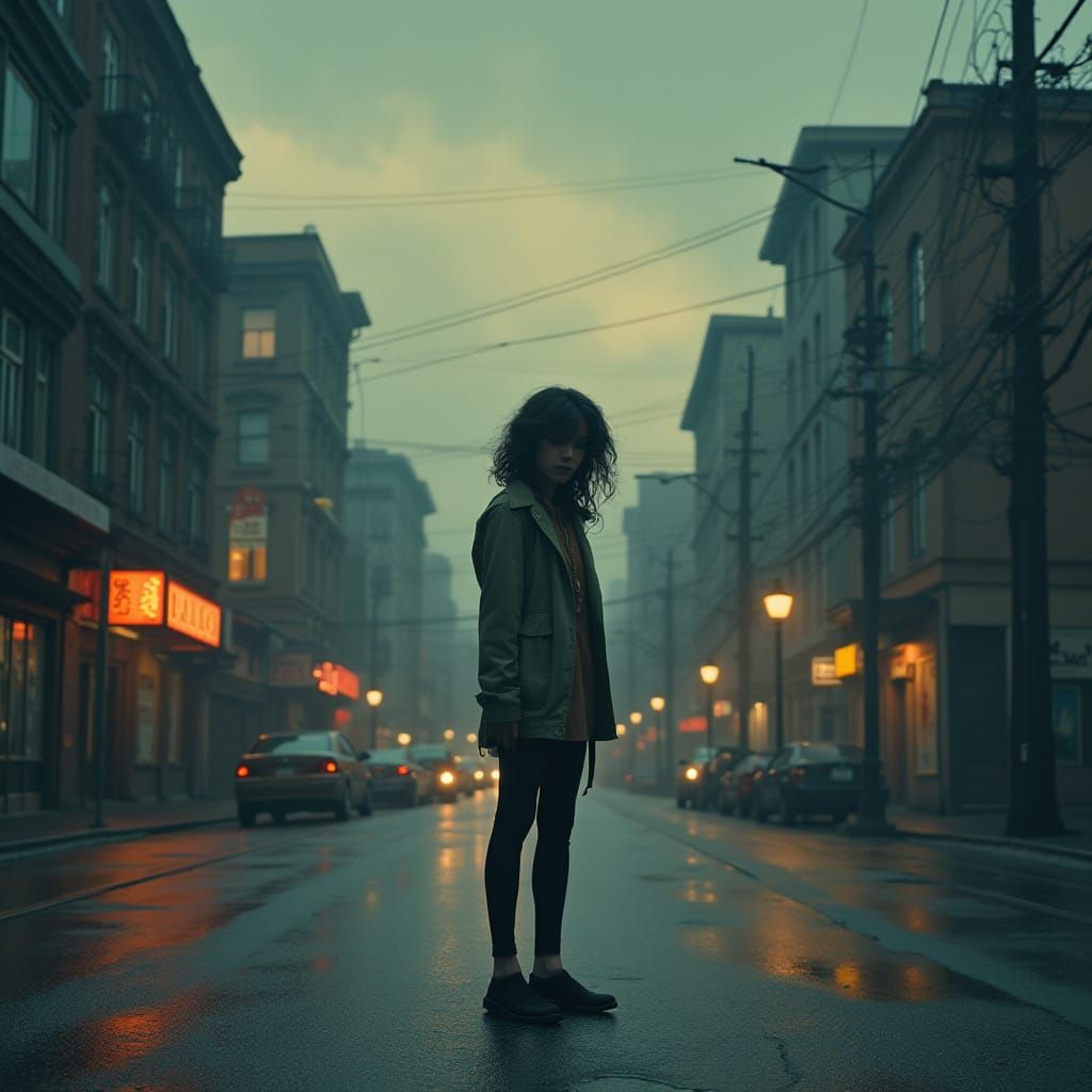 Nostalgic Woman in Vintage Cityscape at Dusk