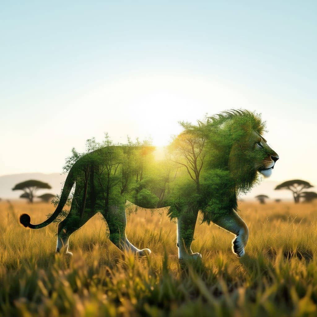 Lion Silhouette Filled With Forest Foliage Over Savannah