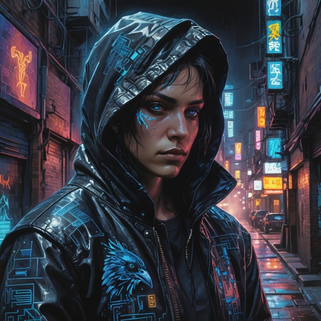 Cyberpunk Raven Perched in Neon Alleyway