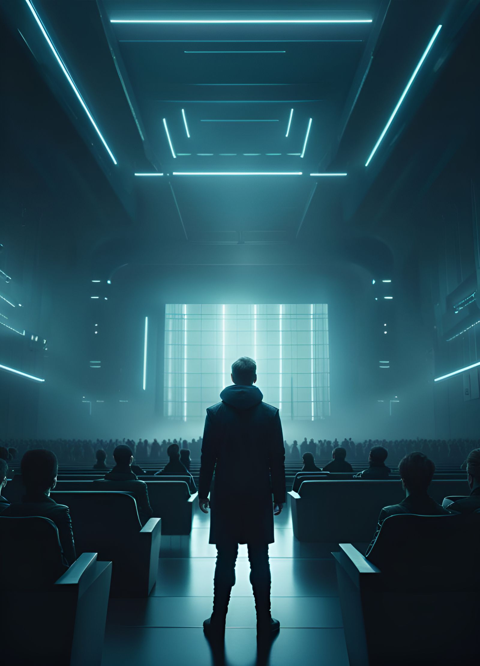 Dark Cyberpunk Auditorium with Cinematic Lighting