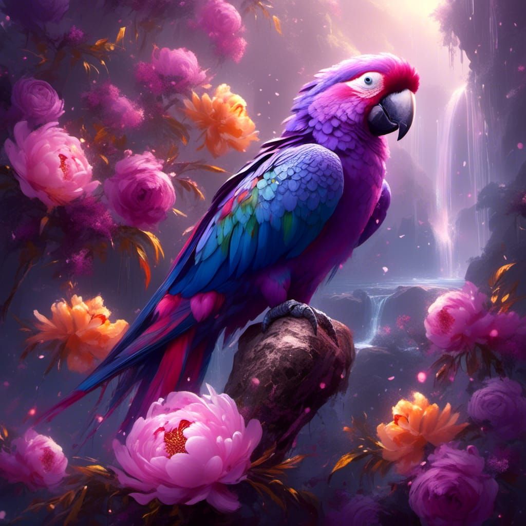 Purple Parrot with Peonies in Bright Sunlight