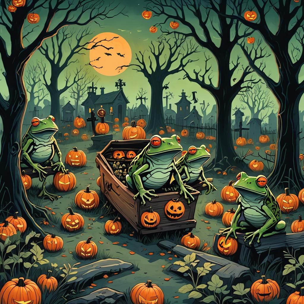 Frogs Carry Coffin Through Graveyard in Fauvist Style