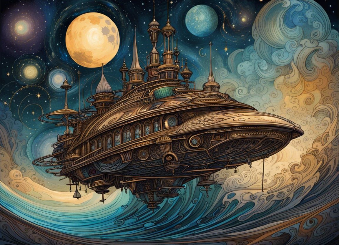 Steampunk Spaceship in Starry Night Sky