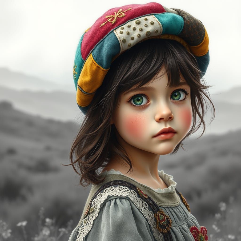 Enchanting Girl in Whimsical Attire, with Vivid Green Eyes