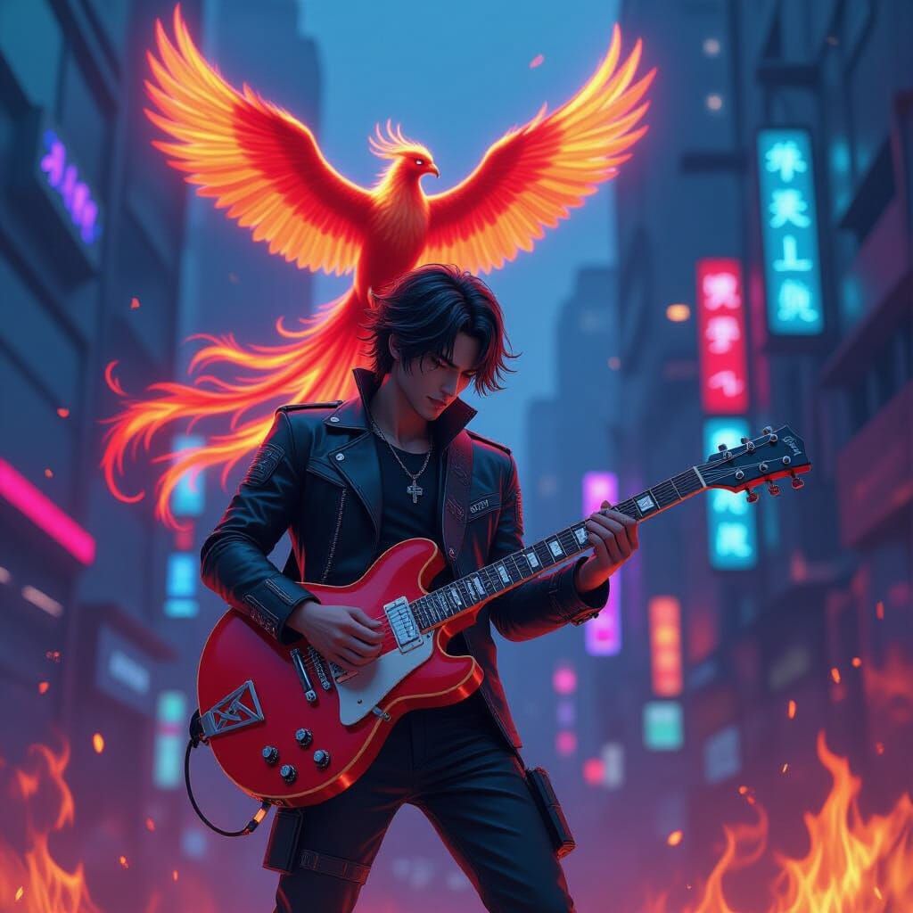 Futuristic Phoenix and Musician in Neon City