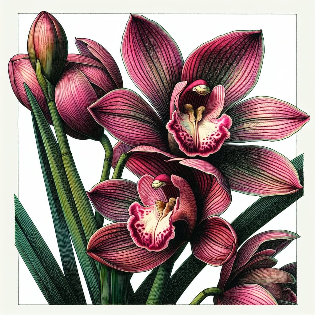 Detailed Etching of a Pink Cymbidium Orchid
