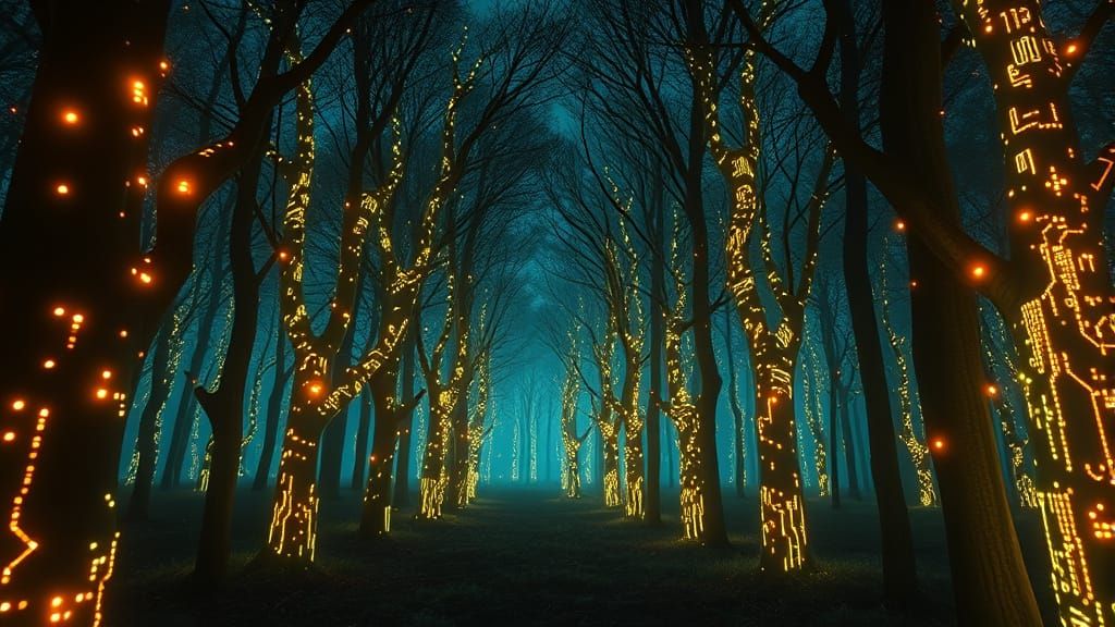 Trees made of glowing circuits illuminate a serene forest