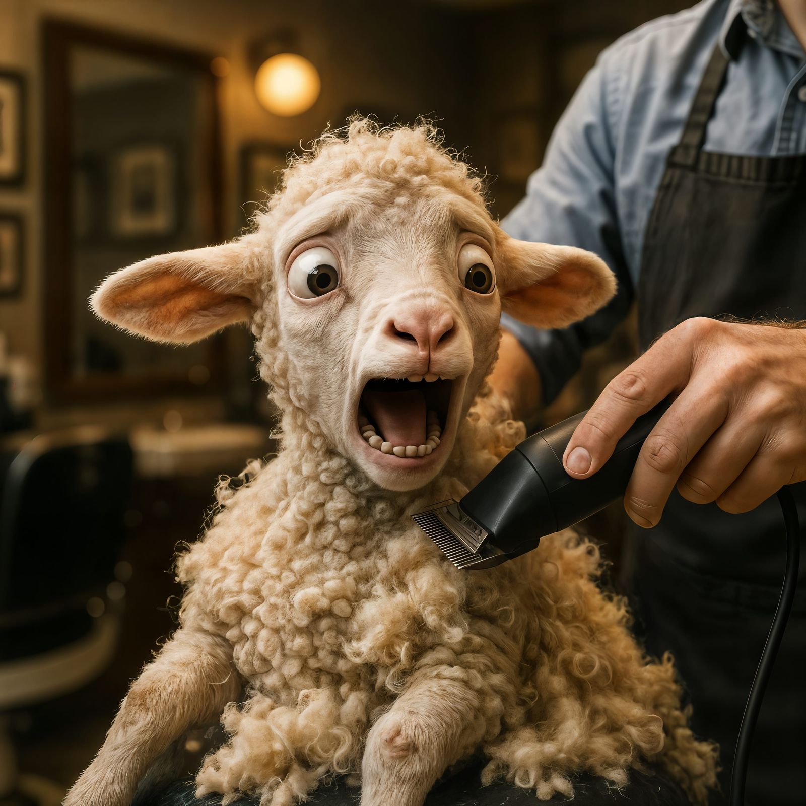 Panicking Lamb Shaving in Barber Shop CGI