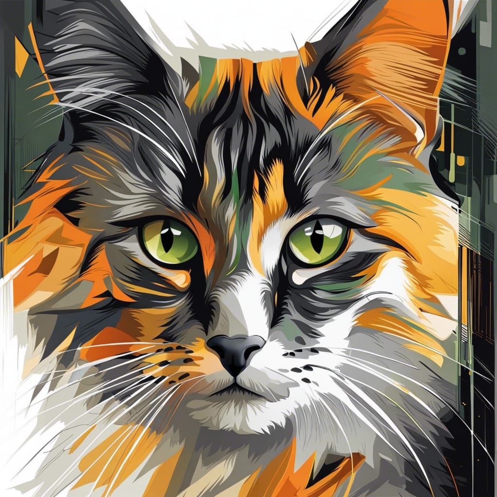 Fluffy Green-Eyed Cat in Cubist Digital Art