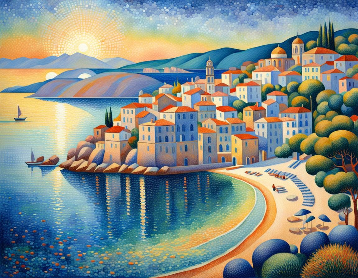Greek Coastal Town in Pointillism Style