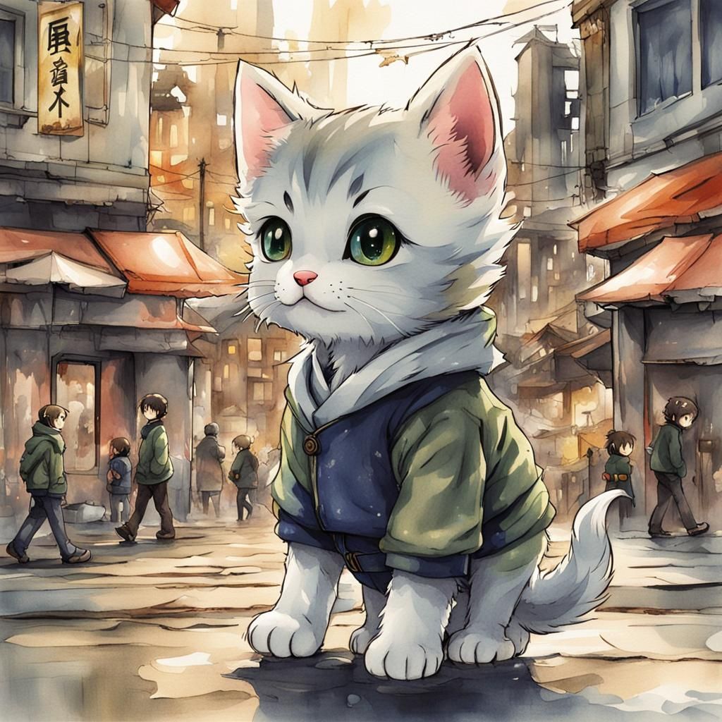 Kitten's Journey Through an Abandoned City: Anime Art