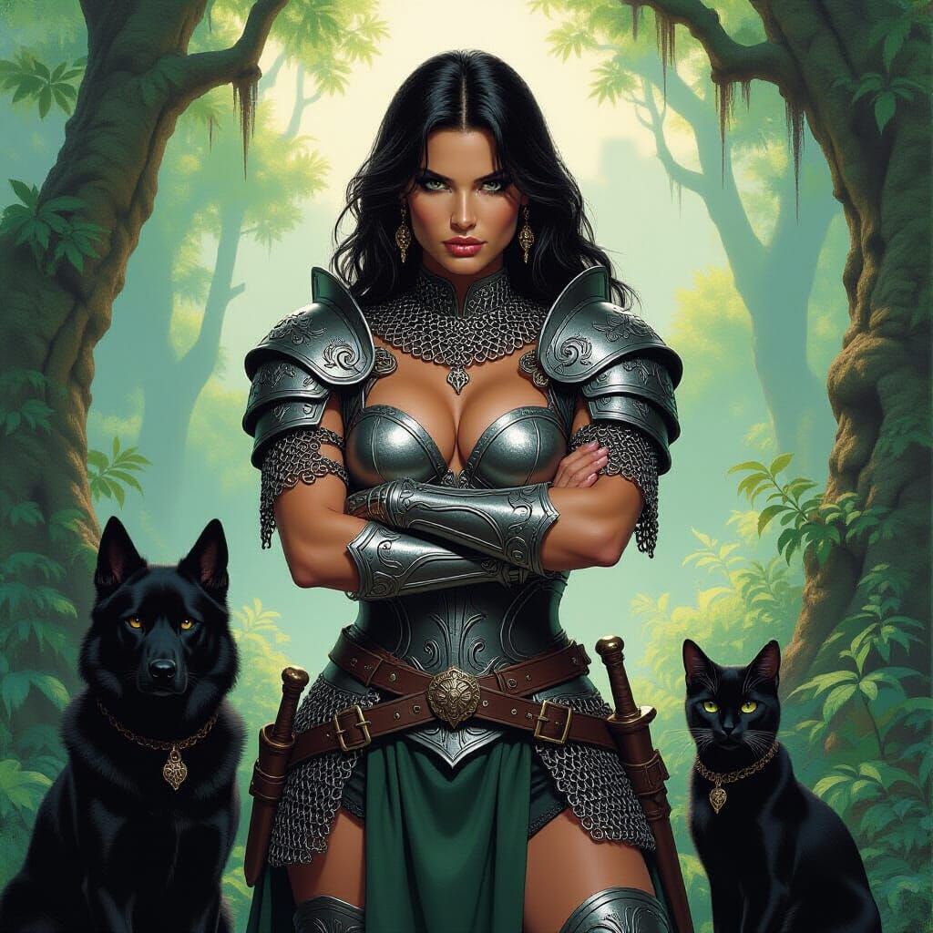 Female Warrior in Armour with Black Dog and Cats