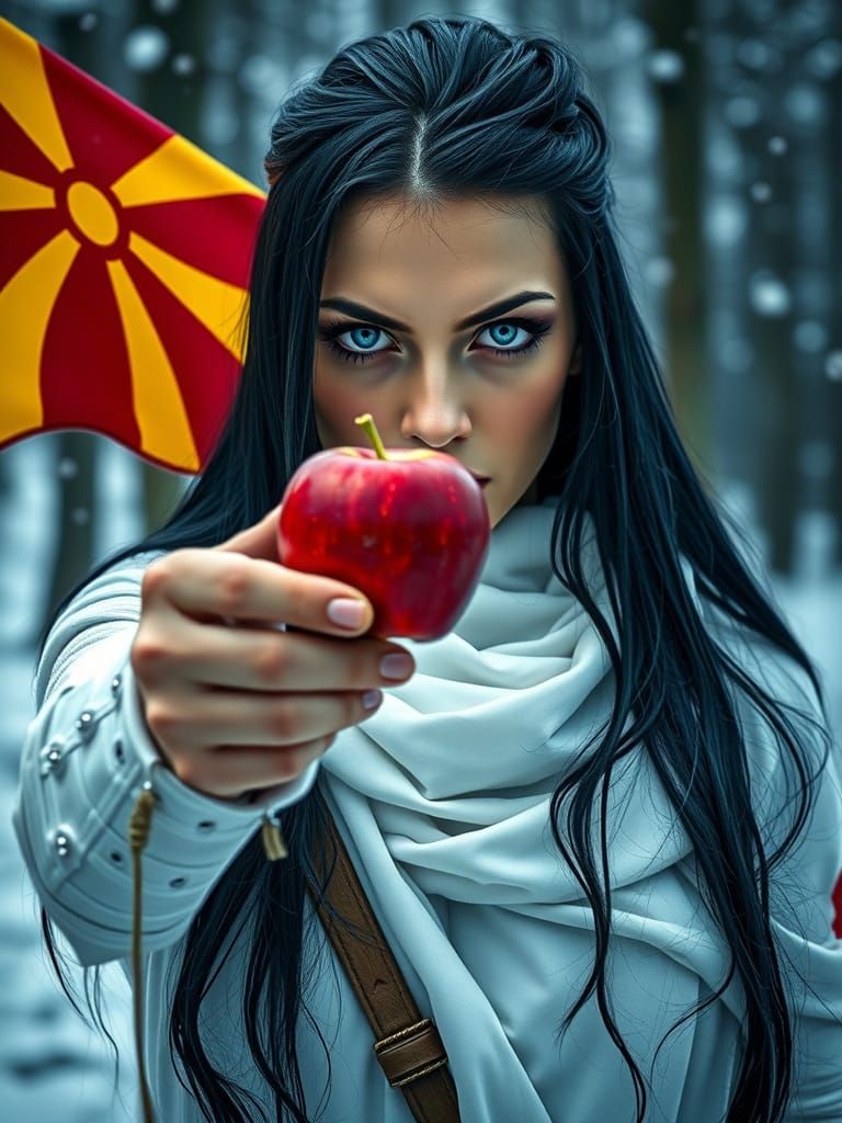 Warrior Woman Offers Apple with Macedonian Flag in Snowy For...
