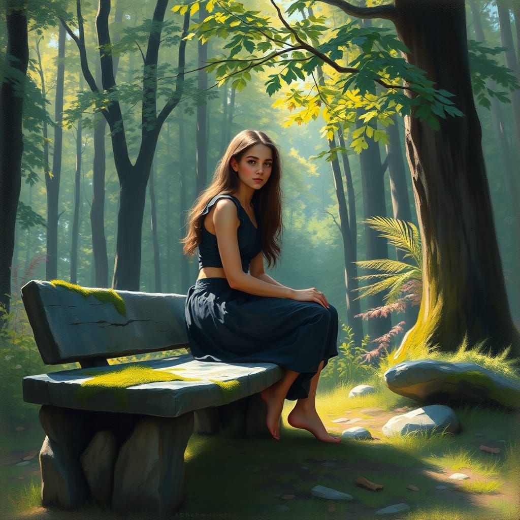Woman in Forest, in the Style of Atmospheric Landscape