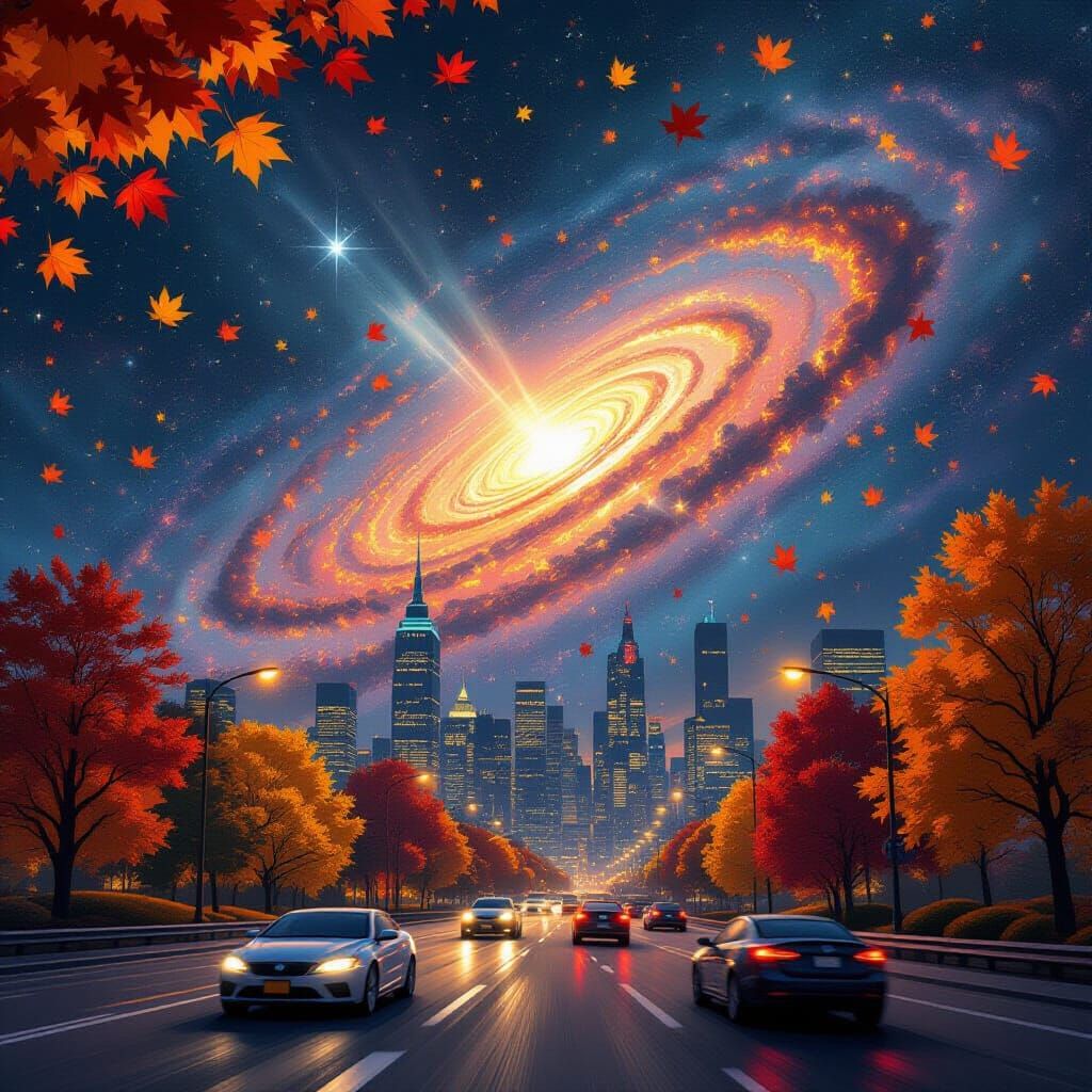 Cityscape Merging With Galaxy in Maximalist Style