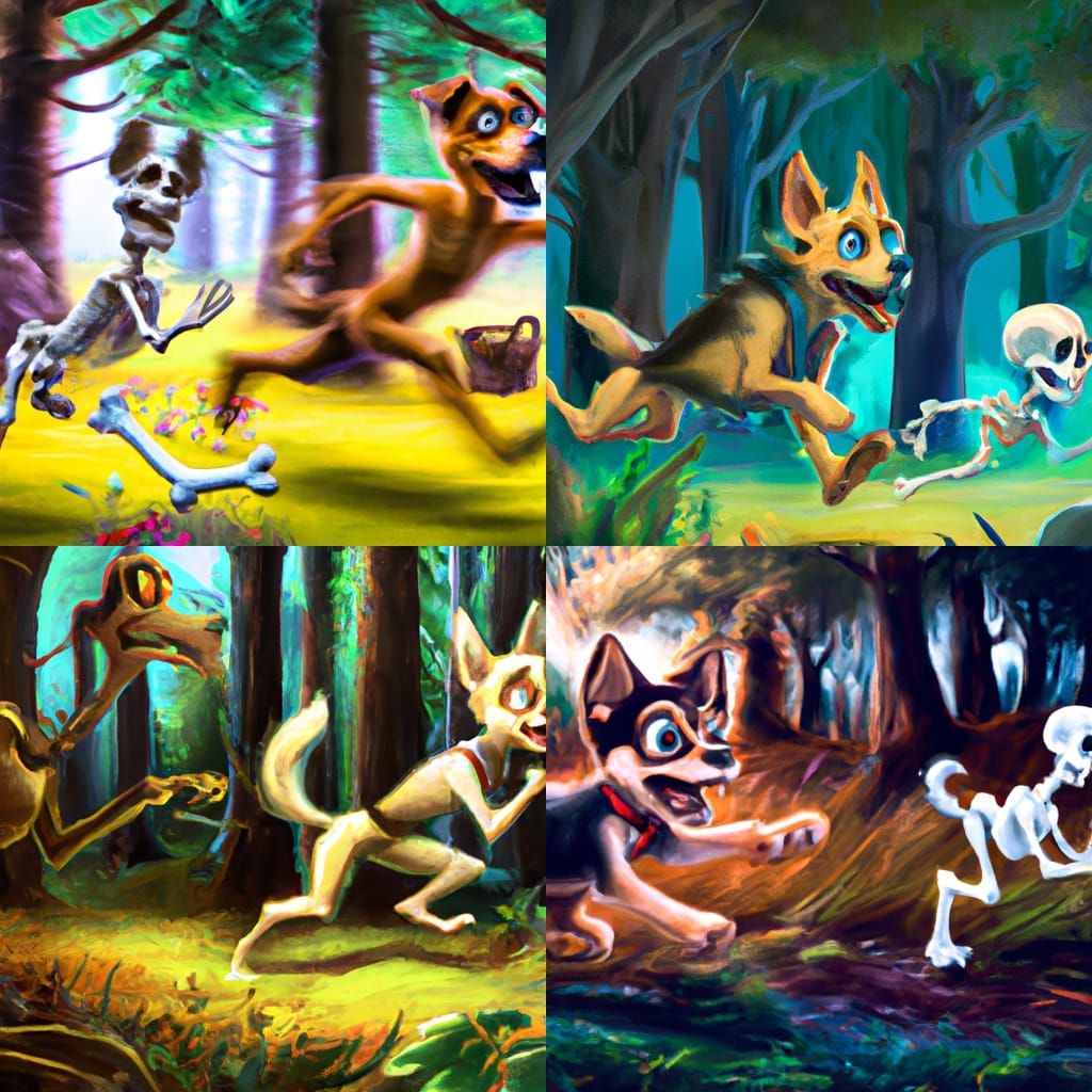 Puppy and Skeleton Creature Chase in Cartoon Forest