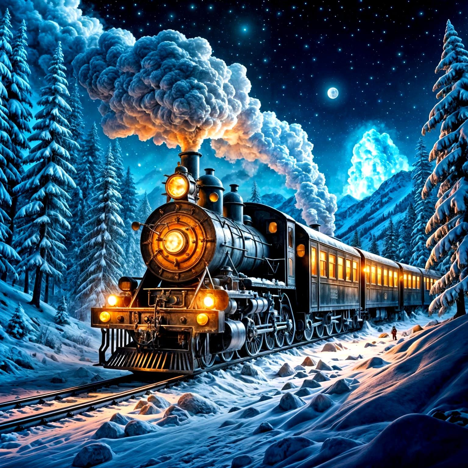 Ice Train on Winter Night with Fairy Lights