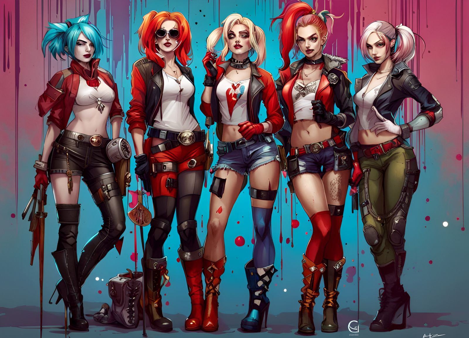 Five Harley Quinns Together