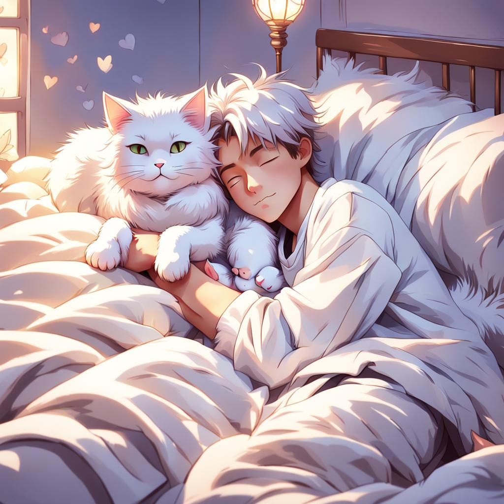 Anime Boy Cuddles Cat: 3D Render in Pastel Colors