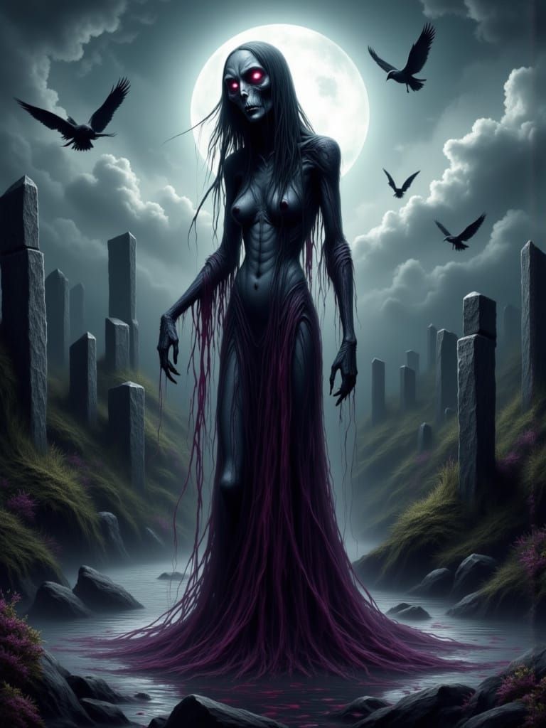 Spectral Banshee Washing Shroud in Moonlit Highland Stream