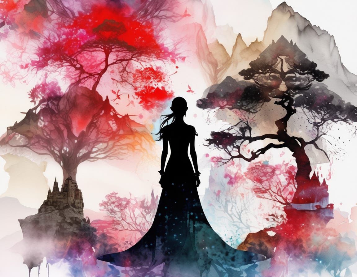 Elf in Cosmic Landscape Double Exposure Watercolour