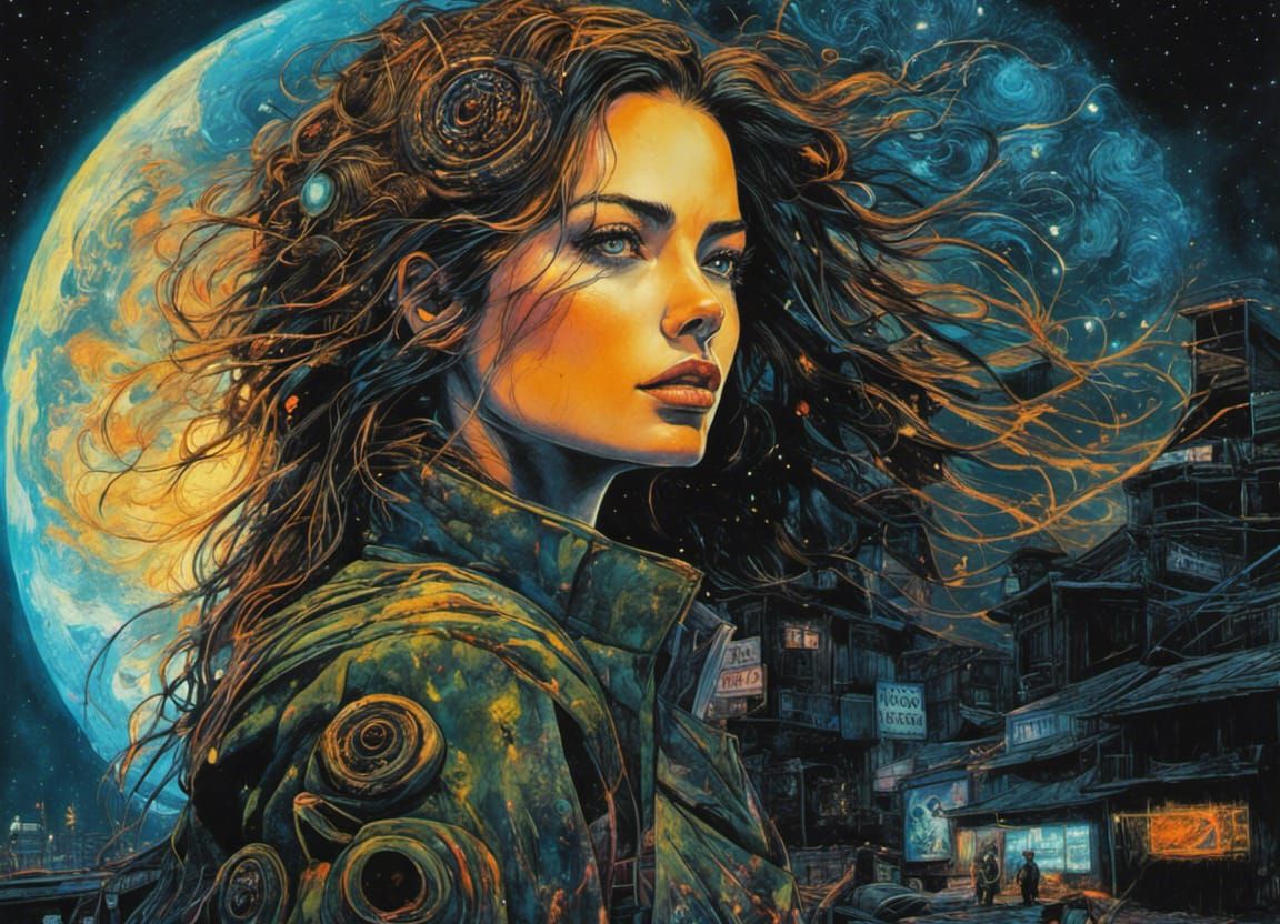 Margot Robbie in Bioluminescent Biopunk, Colored Pencil Art