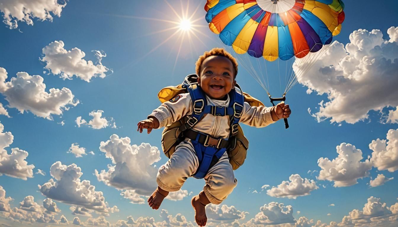 Happy Nubian Baby Skydiving in Blue Skies