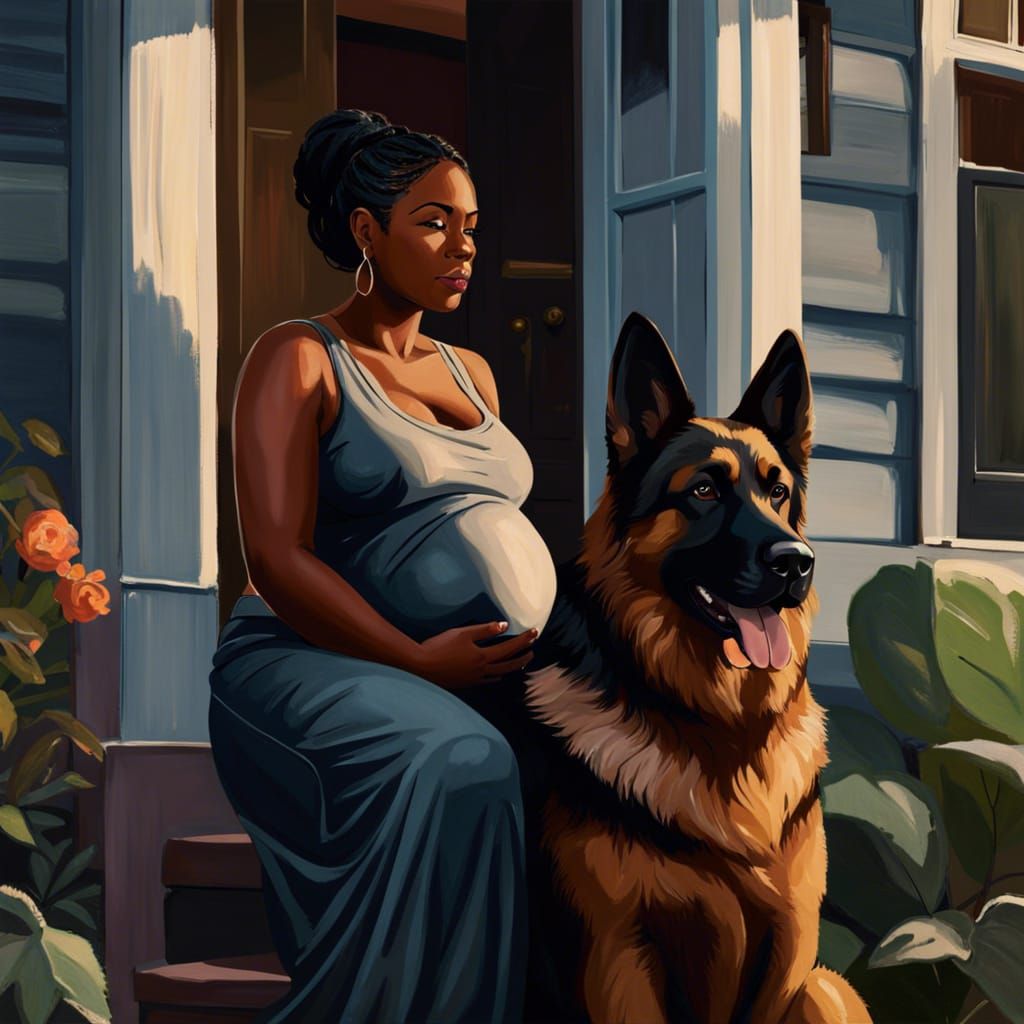 Pregnant Woman with German Shepherd in Southern Gothic Art