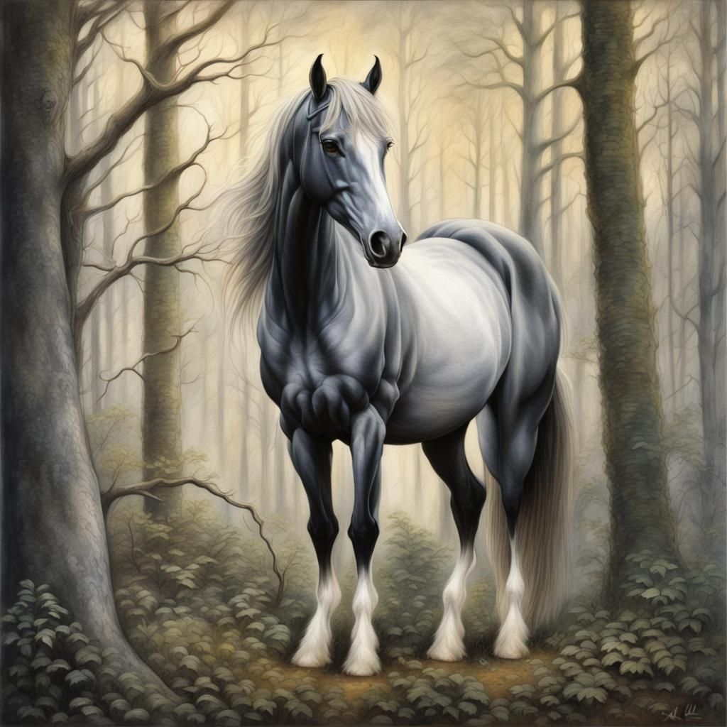 Hyperrealistic Silver Horse in Colorful Forest