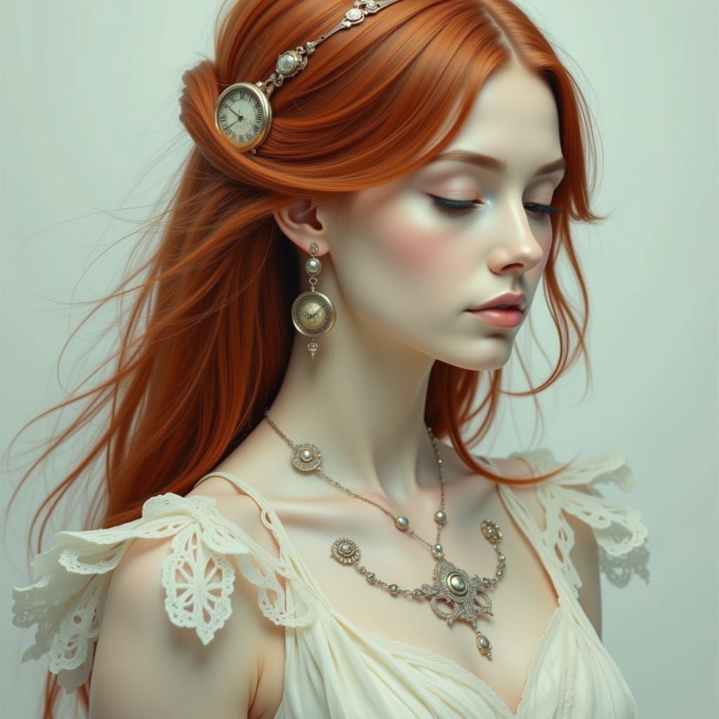 Clockpunk Portrait of a Woman with Red Hair in Pastel Tones