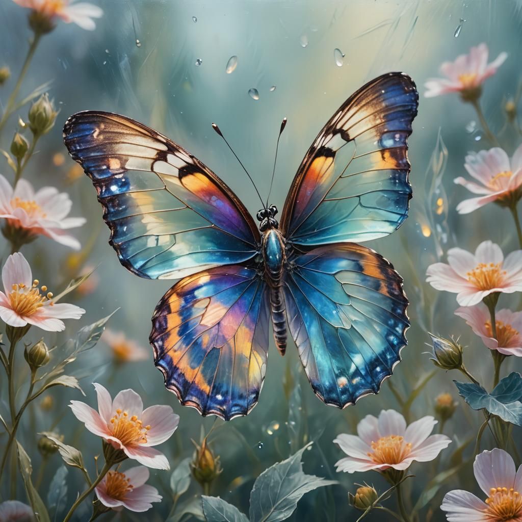 Glass Butterfly on Misty Flower, Surreal Oil Painting