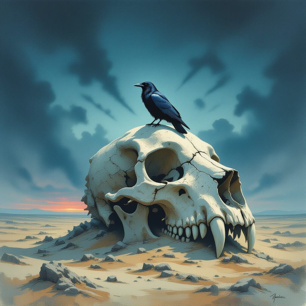 Raven on Dragon Skull Under Twilight Sky in Surrealist Style