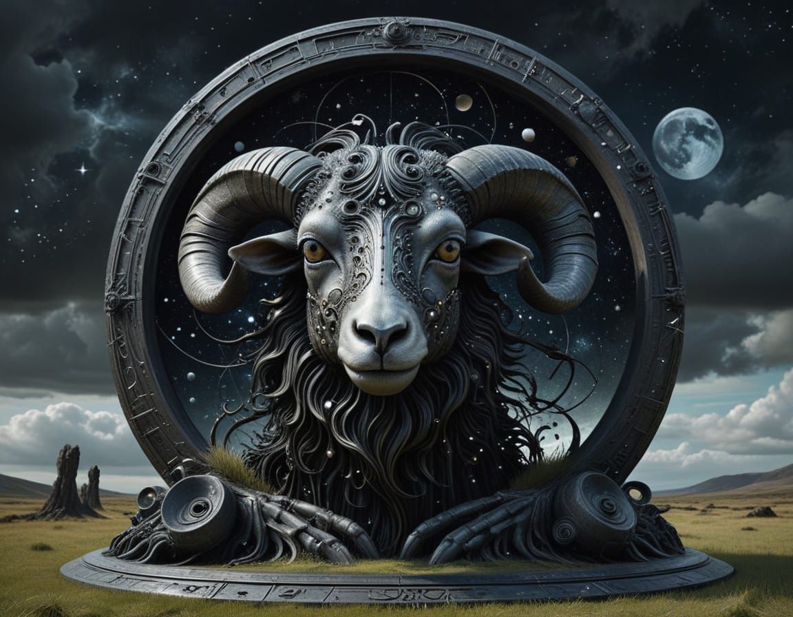 Cosmic Sheep Sculpture Amidst Geometric Constellations