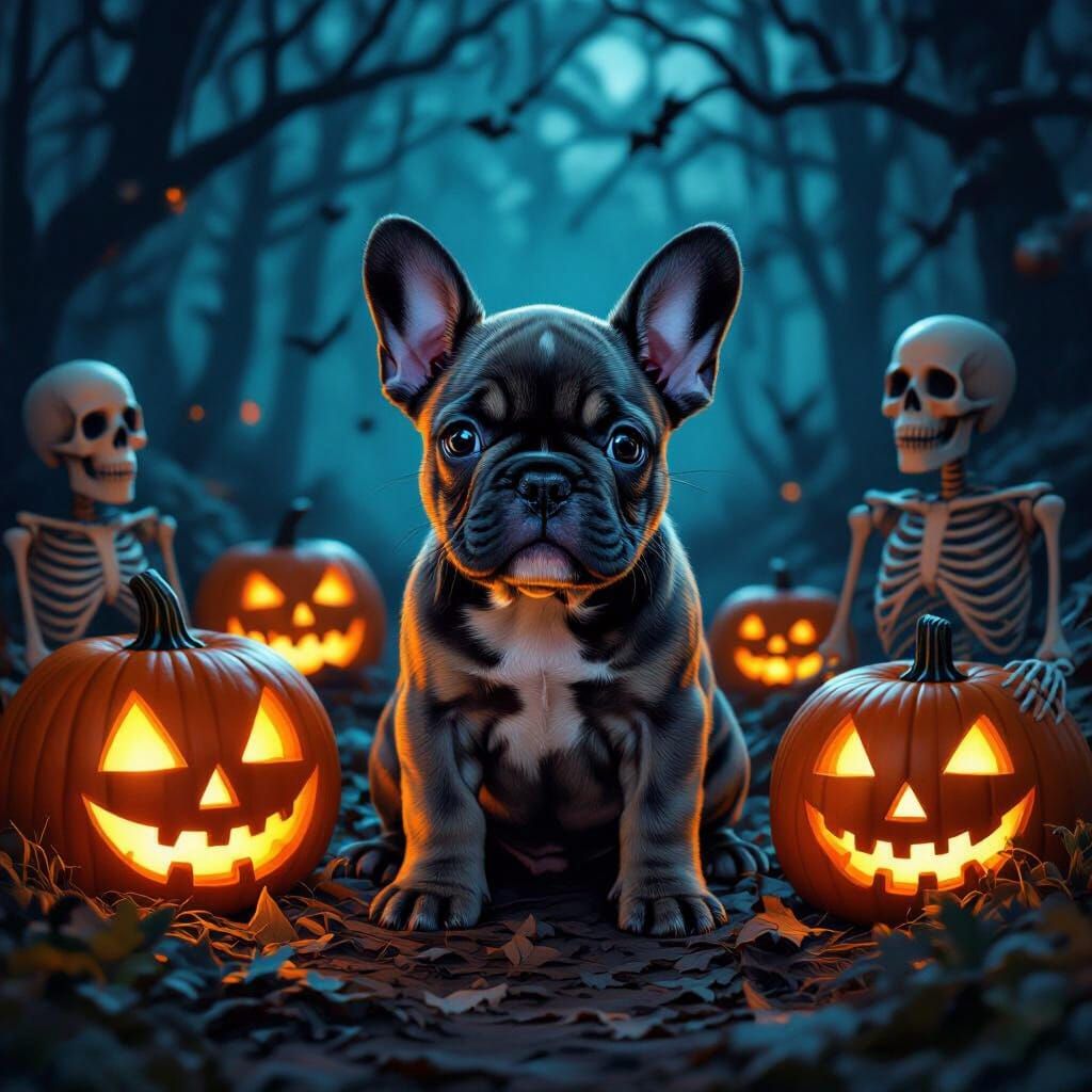 French Bulldog in Spooky Halloween Forest