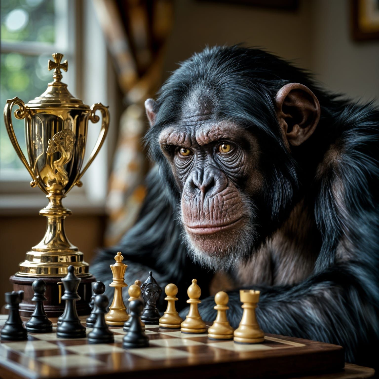 Chimpanzee Chess Stare in Moody Film Style