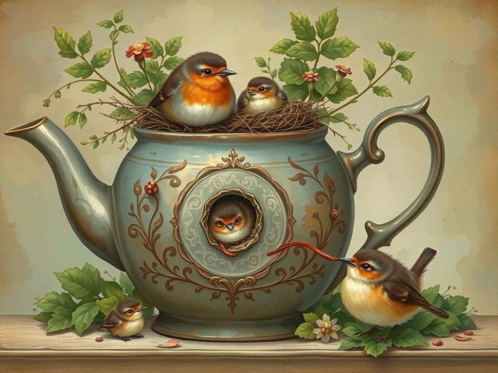 Robin Family in Teapot Nest: Storybook Illustration