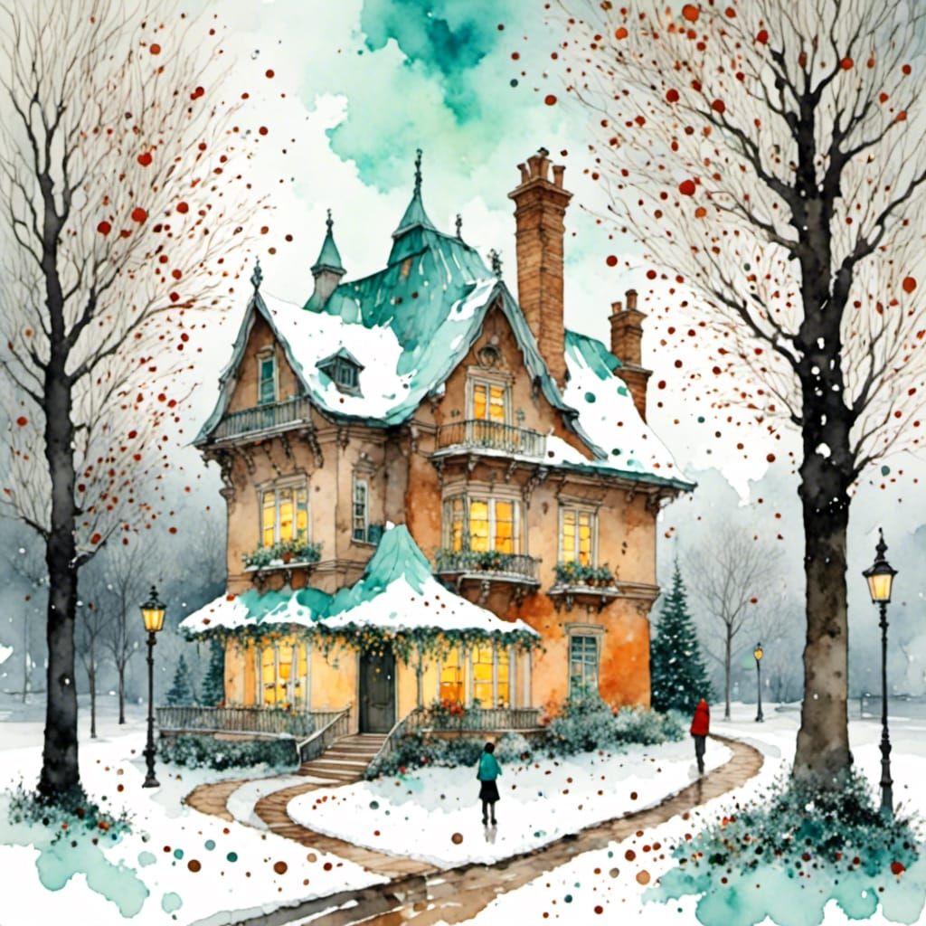 Gingerbread House in Winter Wonderland, Dreamy Watercolor
