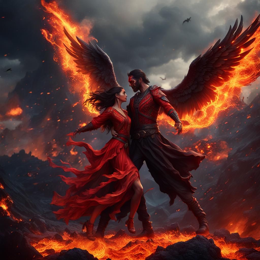 Angel and Devil Tango on Volcano: Fantasy Art