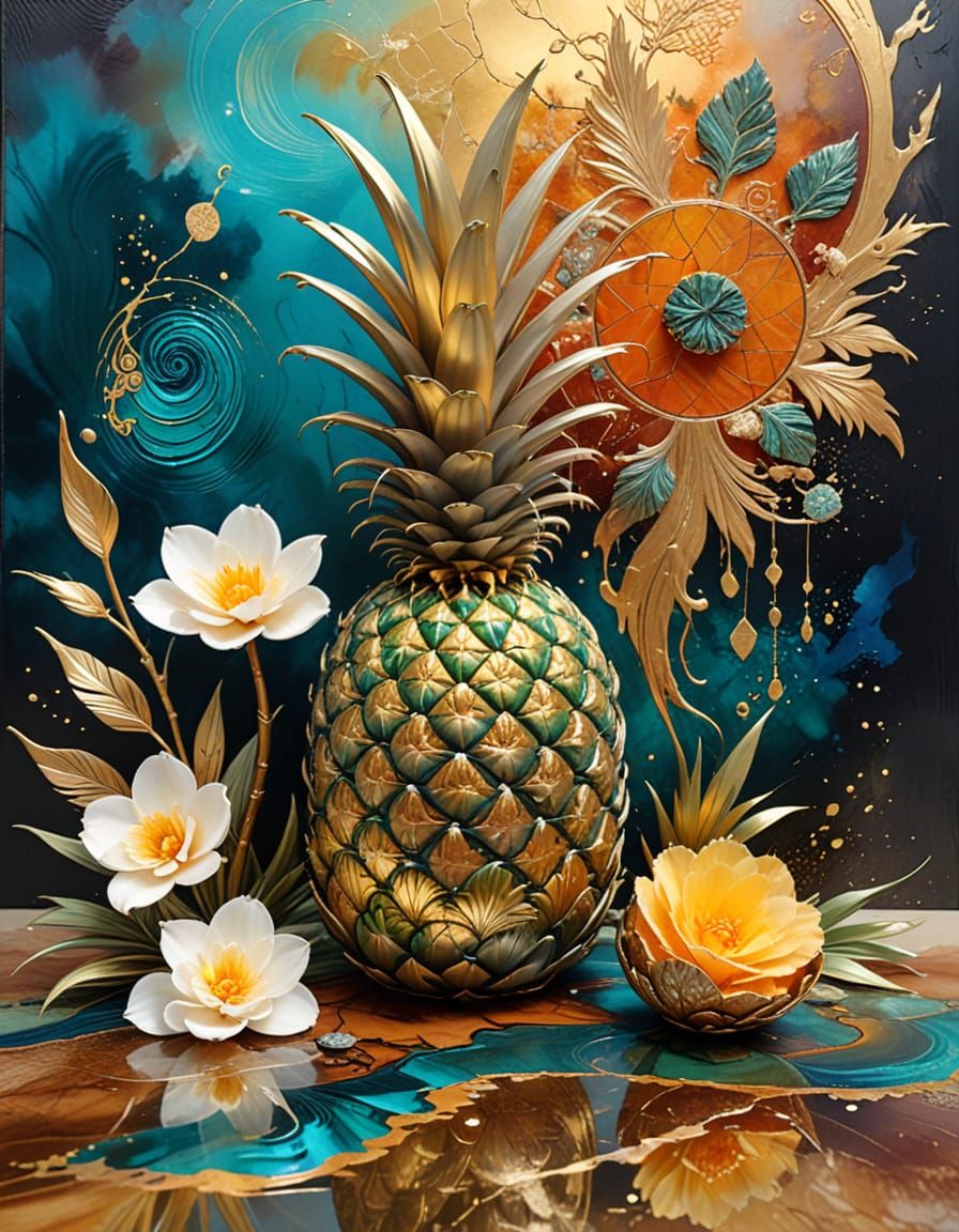 Surreal Pineapple and Duckling Dreamscape with Golden Accent...