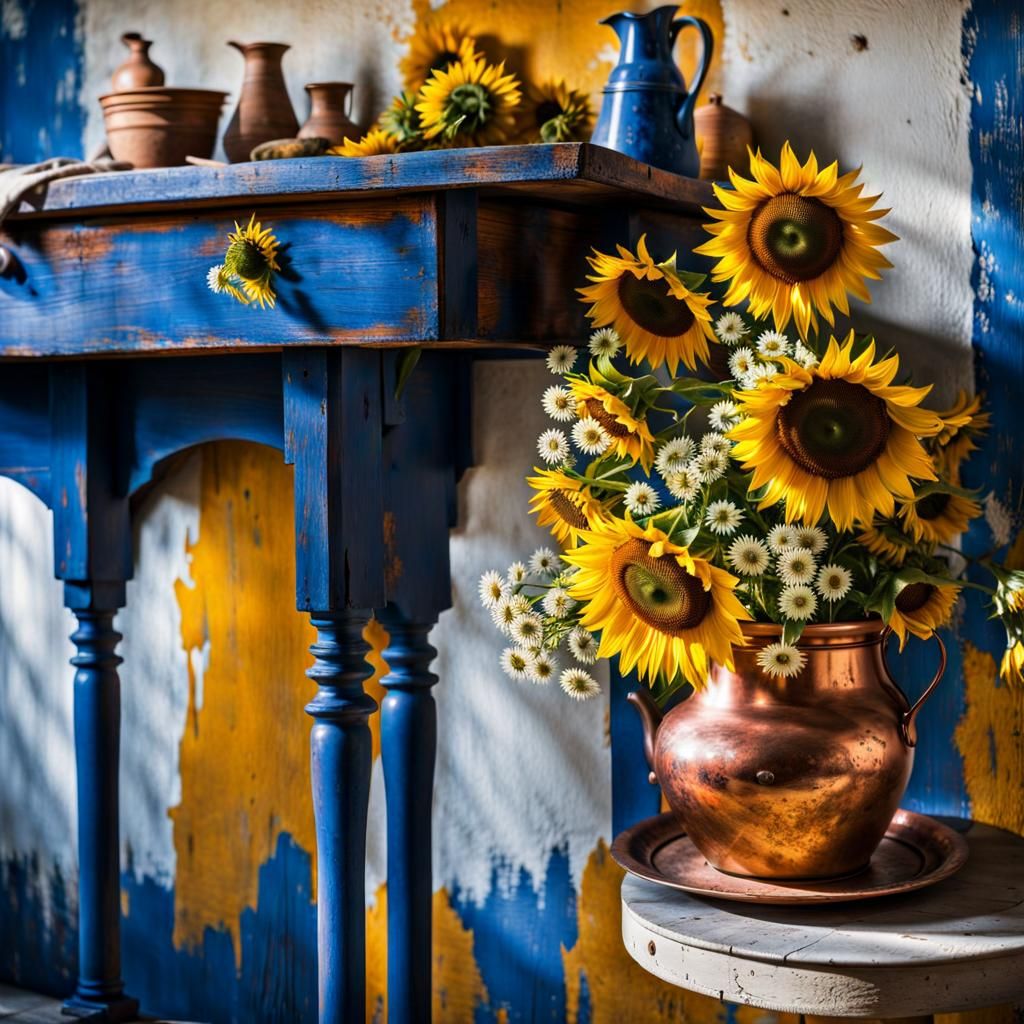 Sunflowers and Delft Blue Flowers, Hyperreal Painting
