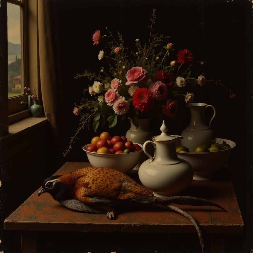 Still Life with Porcelain, Fruit and Pheasant in Chiaroscuro