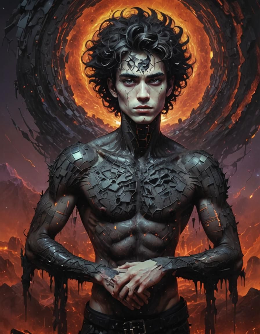 Lava Man in Surreal Circuitry Landscape