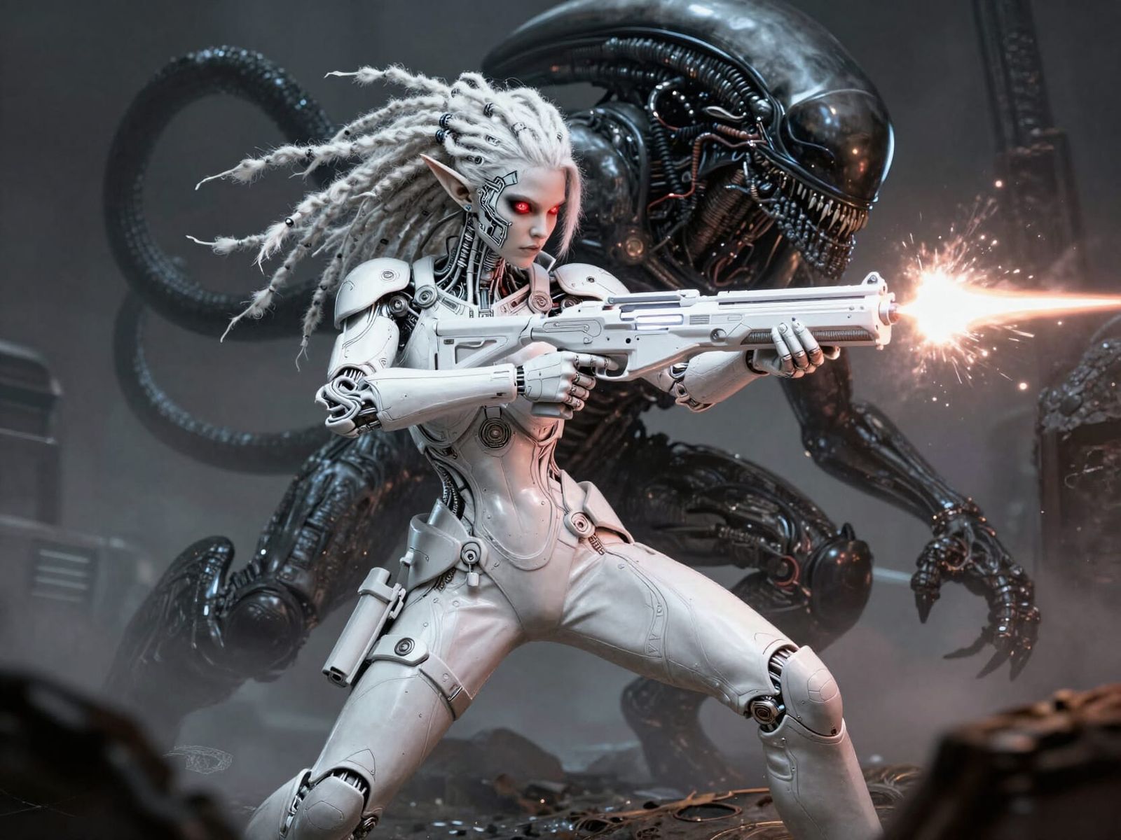 Cyborg Elf Battles Alien in Detailed Sci-Fi Art