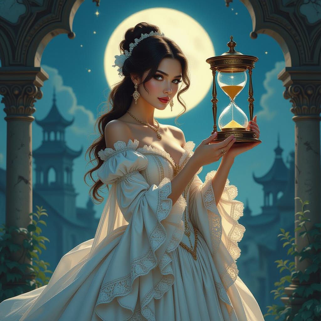 Victorian Woman with Hourglass in Mystical Setting