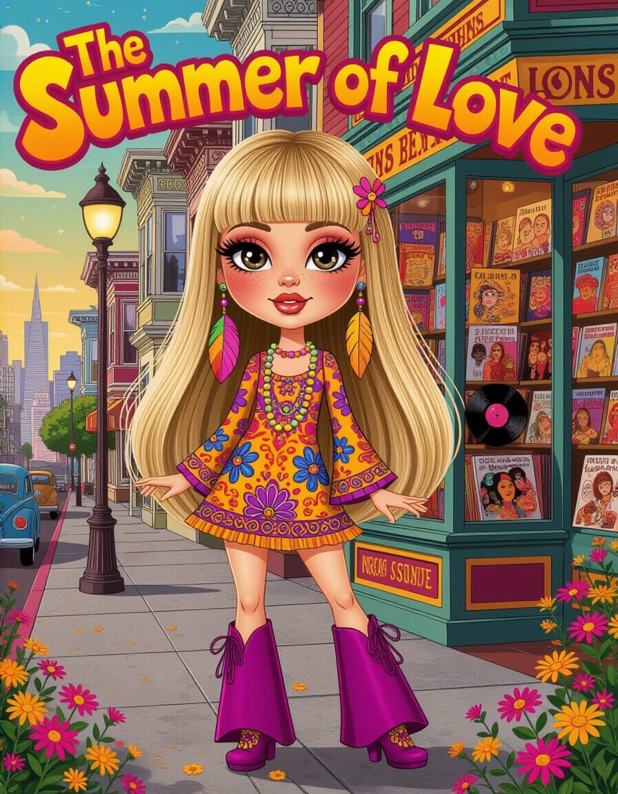 Cute Hippie Chick in 1960s Psychedelic Style