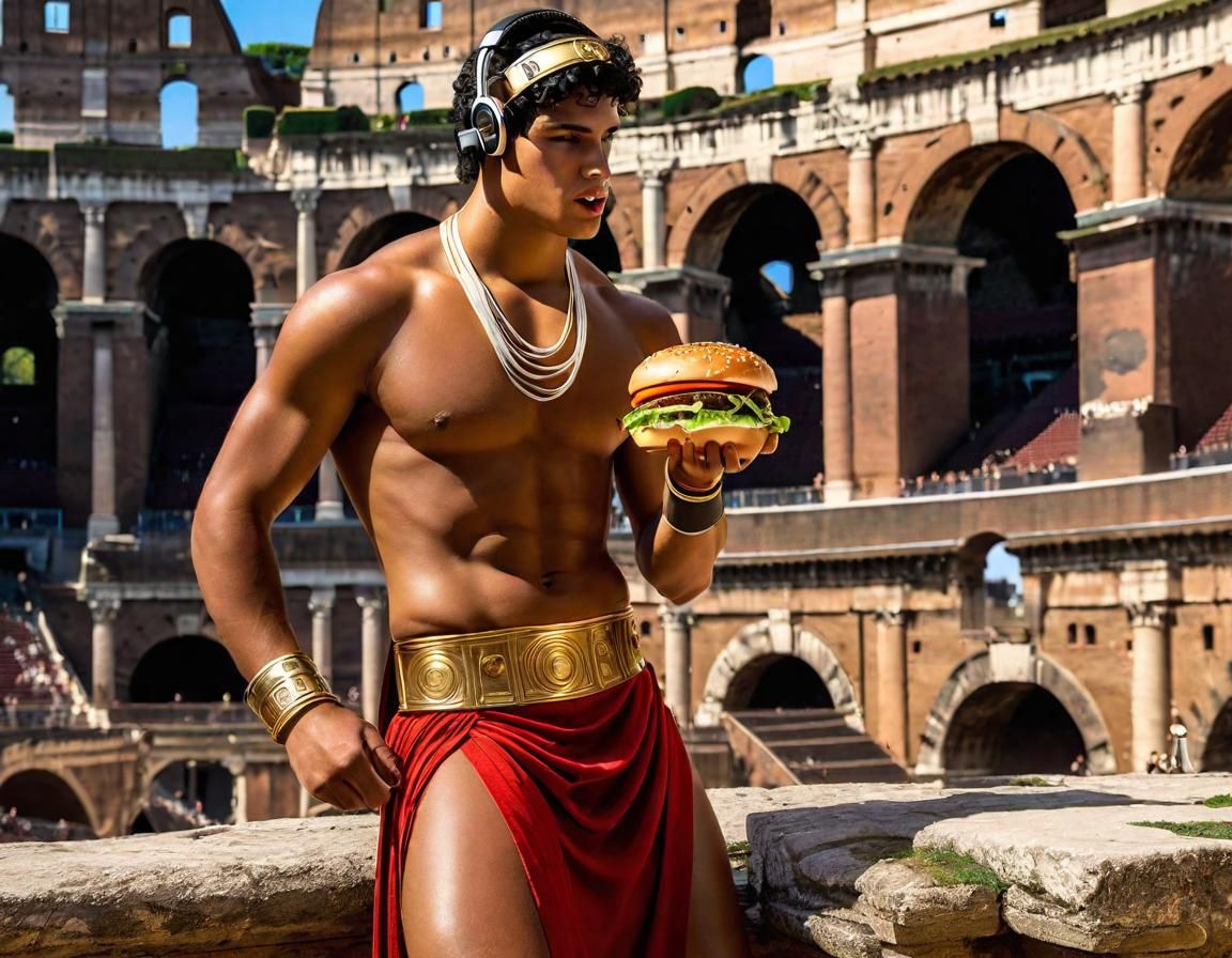 Roman Youth Dances with Hamburger in Colosseum