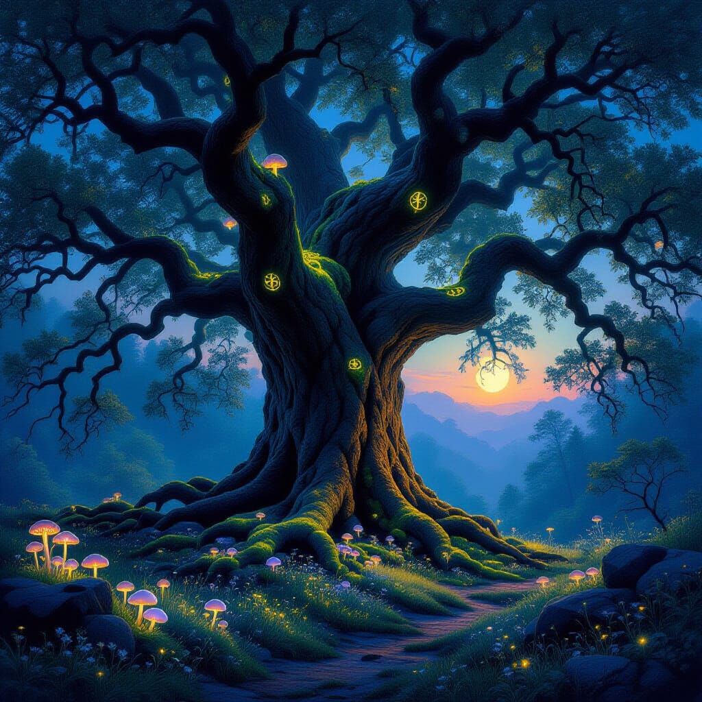 Ancient Oak Tree in Twilight Forest Oil Artwork