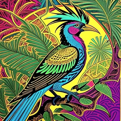 Gilded Art Nouveau Bird of Paradise in Primordial Jungle