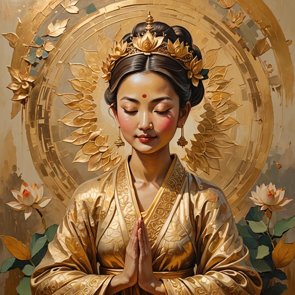 Meditative Buddha Figure with Golden Aura in Oil Painting